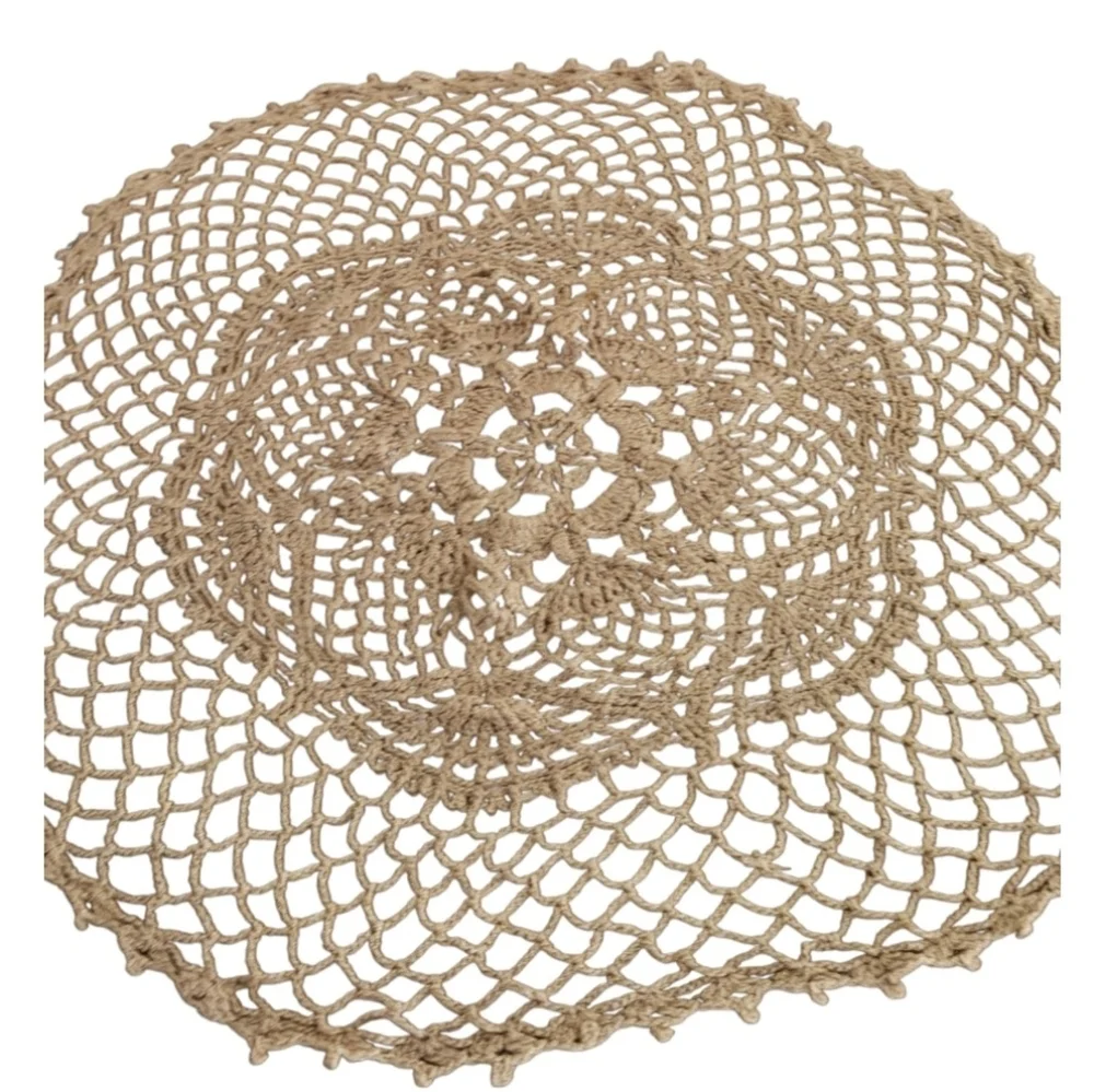 Hand Crafted Crochet Round Lace Doilie Handmade Floral Centerpiece Beige Vtg Mat